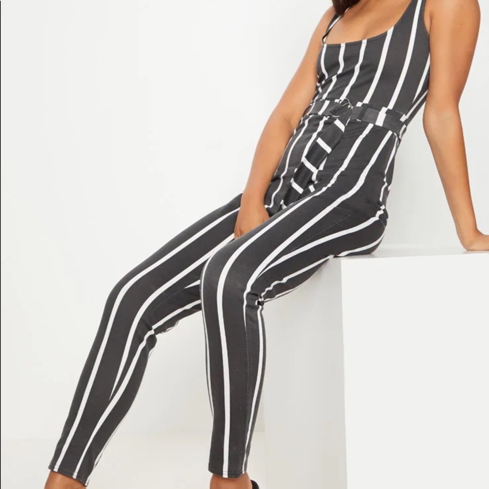 Pretty Little Thing Black Monochrome Stripe Belted Jumpsuit